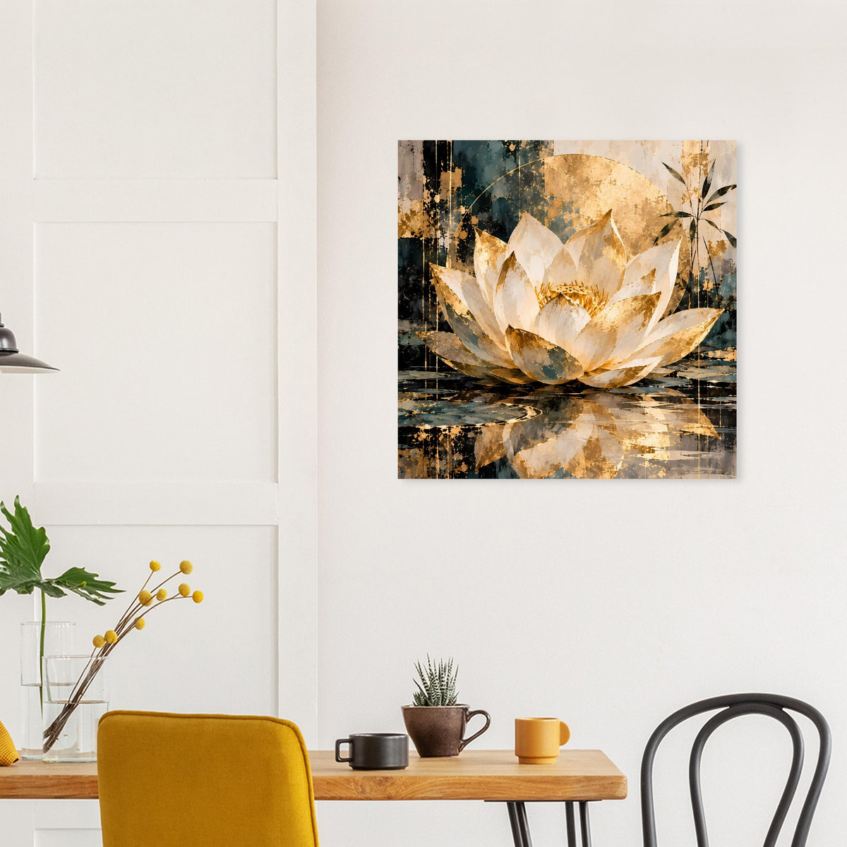 Wandposter mit Lotus-Papierkunst: goldene Lotusblüte auf dunkel-blauem, abstraktem Hintergrund