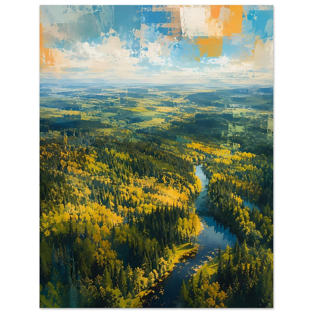 Herbstwald-Poster im Hochformat, goldener Wald mit schlängelndem Fluss
