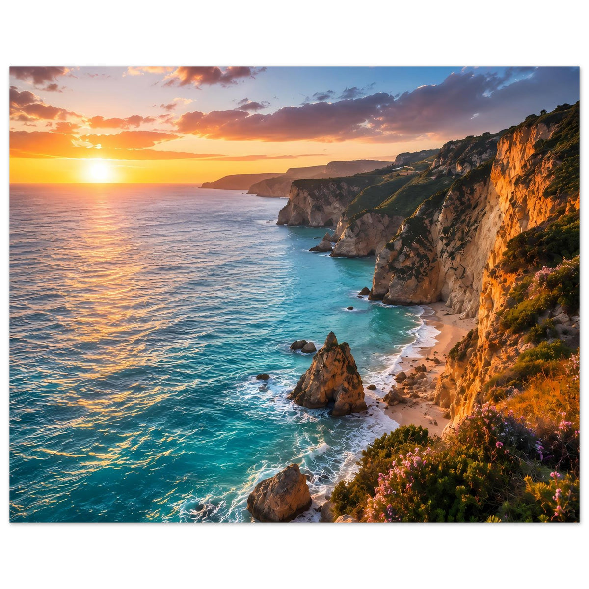 Poster im Breitformat mit Sonnenuntergang, türkisblauer See, Bucht und Felsen am Ufer