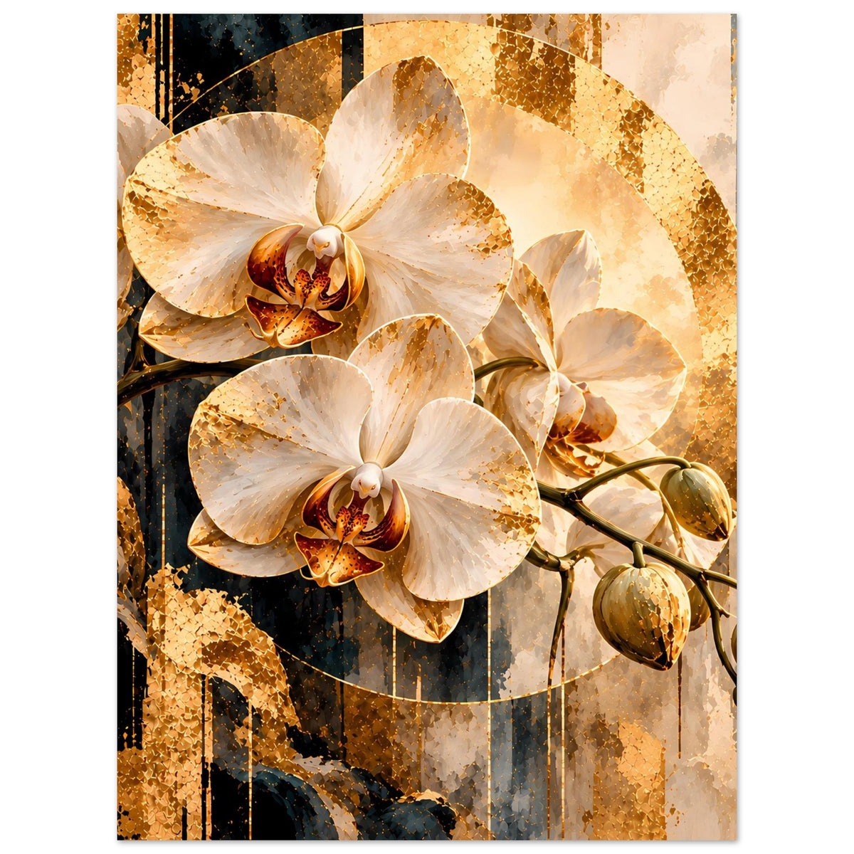 Orchideen-Kunstposter, vertikal: cremefarbene Blüten auf goldem Ornamenthintergrund