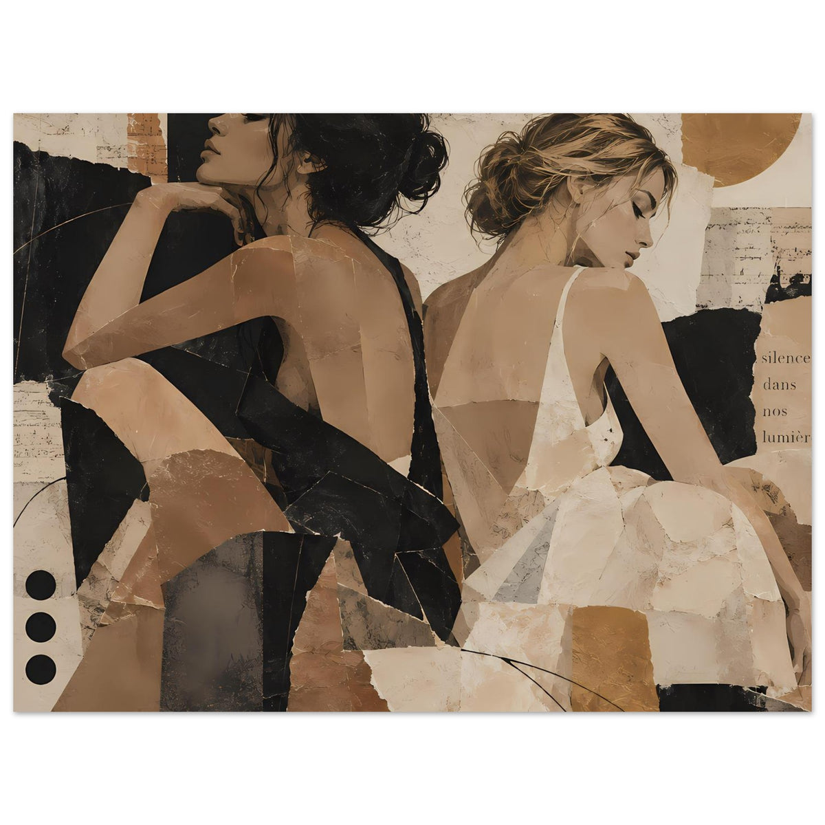 Horizontales Collage-Poster mit zwei Frauenfiguren, warmes Braun, Schwarz und Creme