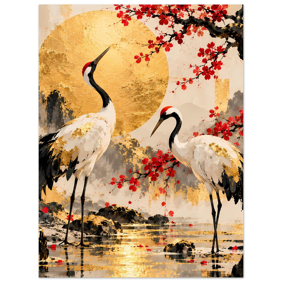 Poster mit Kranichen, goldener Kreisfläche und roten Kirschblüten, ergänzt durch schwarze Baumranken