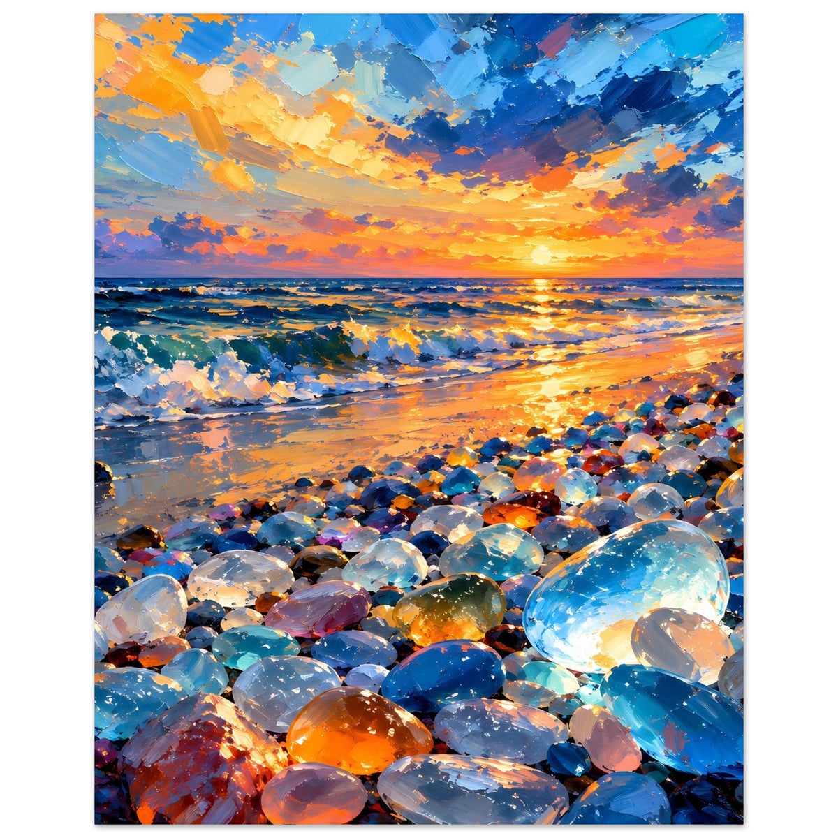 Meer-Poster (hochkant) mit strahlendem Sonnenuntergang und bunten Steinen am Strand