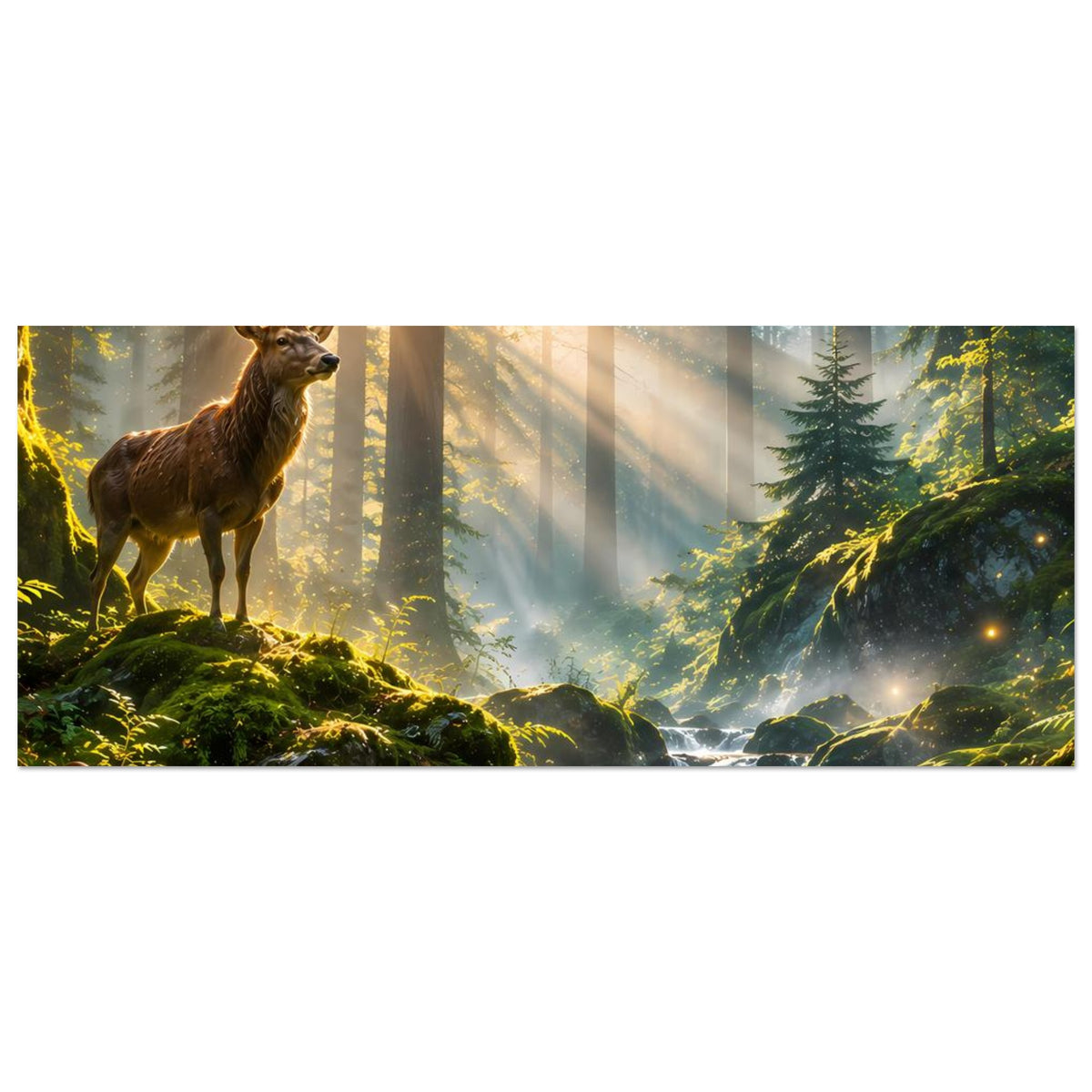 Wandposter im Querformat: Hirsch links auf Moosfelsen, Waldnebel, Wasserlauf und Lichtreflexe