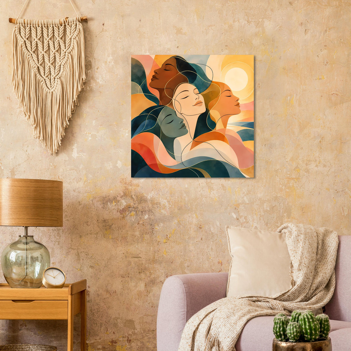 Abstraktes Kunstposter: vier Frauen-Porträts in Erdtönen und Blau, quadratisch