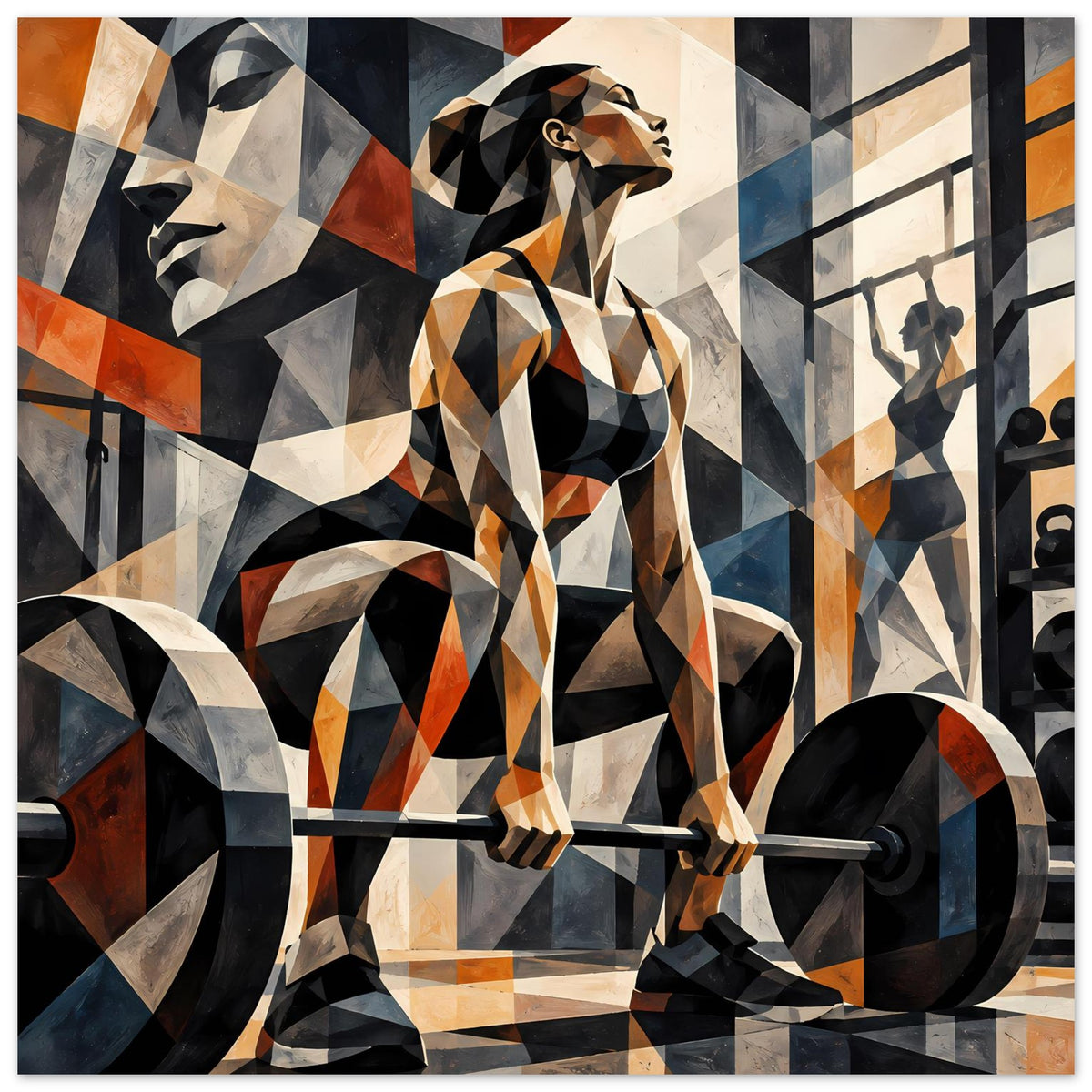 Fitness-Poster mit geometrischer Sportlerin beim Hantelheben, abstrakte Muster in Schwarz, Beige und Orange
