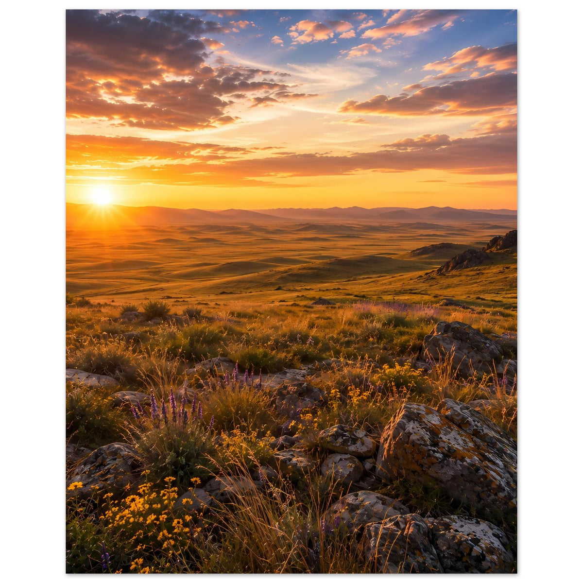 Naturposter mit Sonnenuntergang über Landschaft, vertikales Layout, Sonne links, weites Tal und Gräser