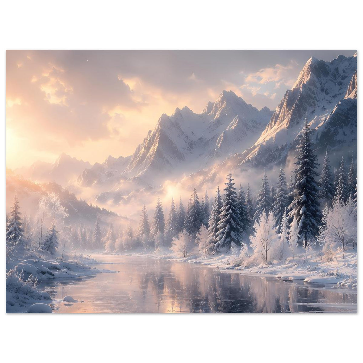 Winterlandschafts-Poster mit Bergen, Tannen und spiegelndem Fluss, warmem Licht im Himmel