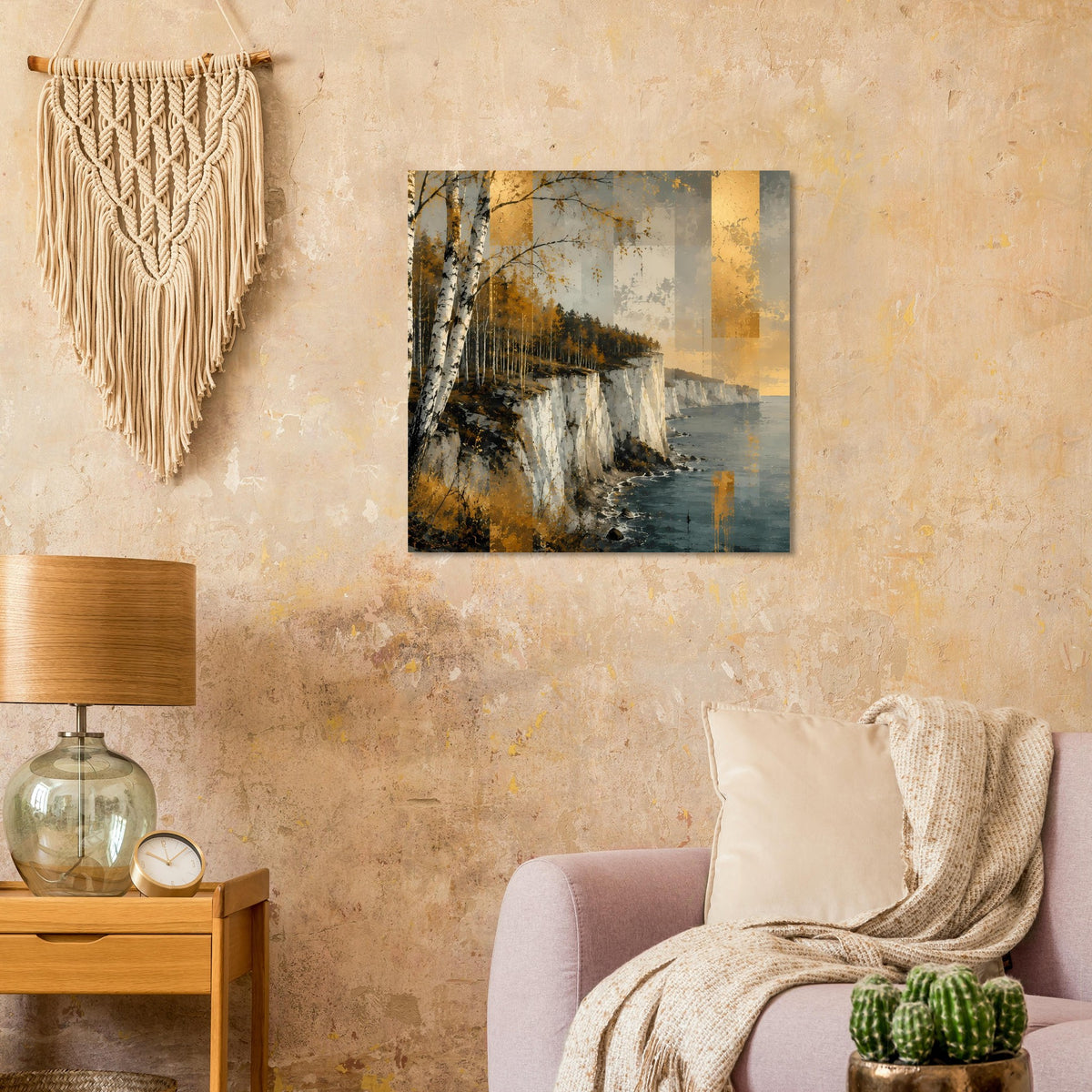 Wandposter: abstrakte Küstenlandschaft mit Felsen, Meer und goldenen Farbakzenten
