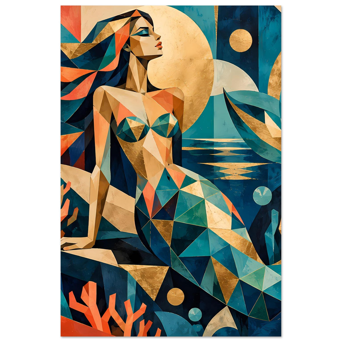 Geometrisches Meerjungfrauen-Kunstposter in Türkis und Korall, vertikal, Portraitausschnitt