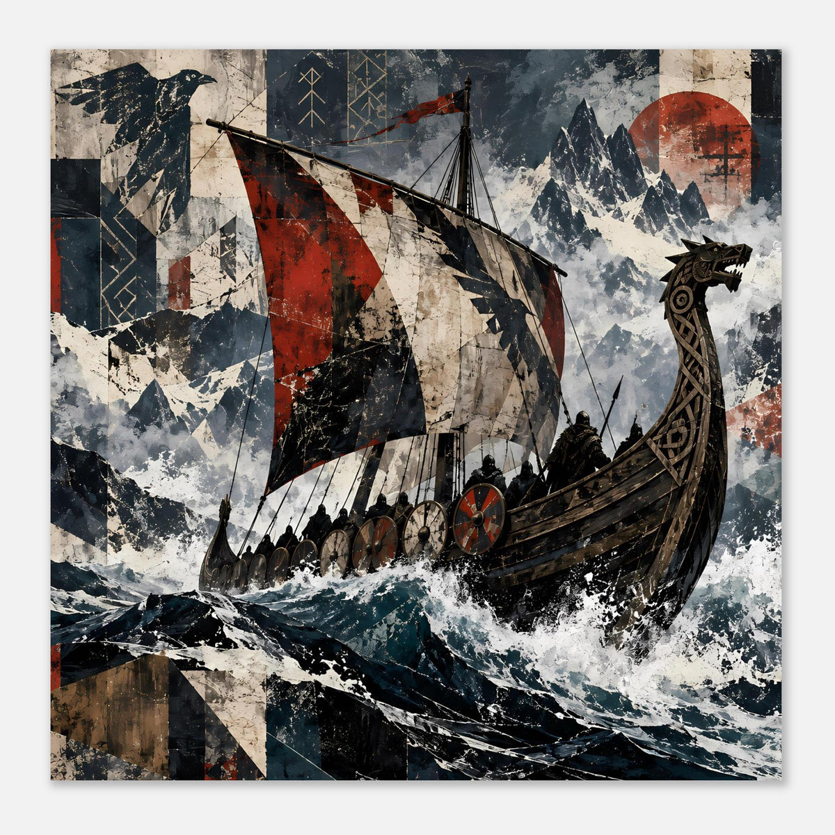 Wikingerschiff-Poster im Fokus, Segelboot mit roten Segeln und schwarzem Relieflinien-Muster