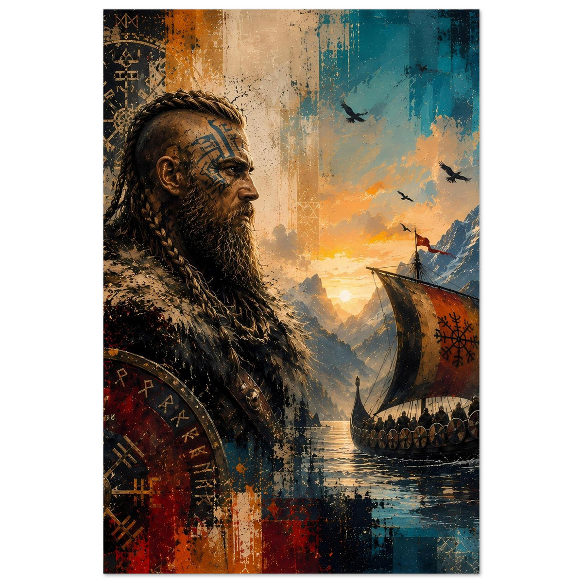 Vertikales Saga-Poster: Wikingermann links, Langschiff rechts, Runenbanner im Hintergrund