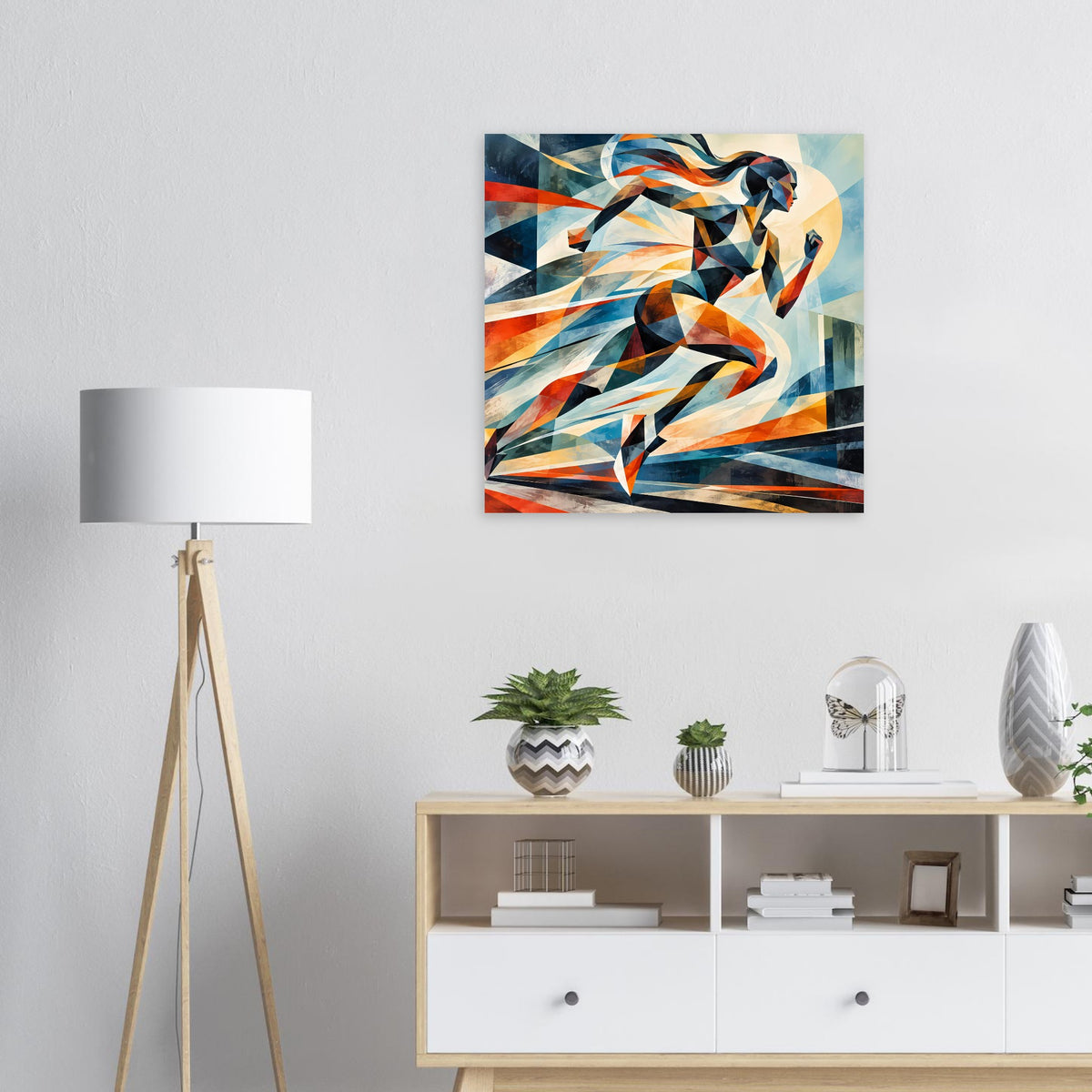 Gerahmtes abstraktes Poster mit laufender Frau in Blau, Orange und Weiß, dynamische Linien.