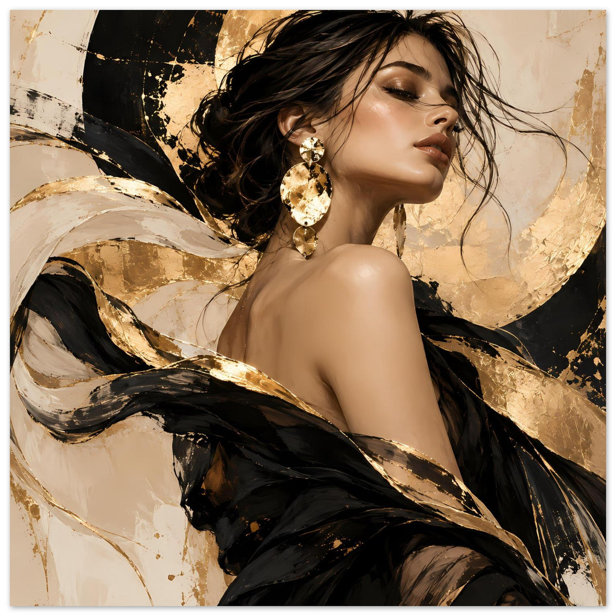 Poster mit Damenporträt: schwarze Haare, goldene Ohrringe, dunkles Kleid mit Goldakzenten