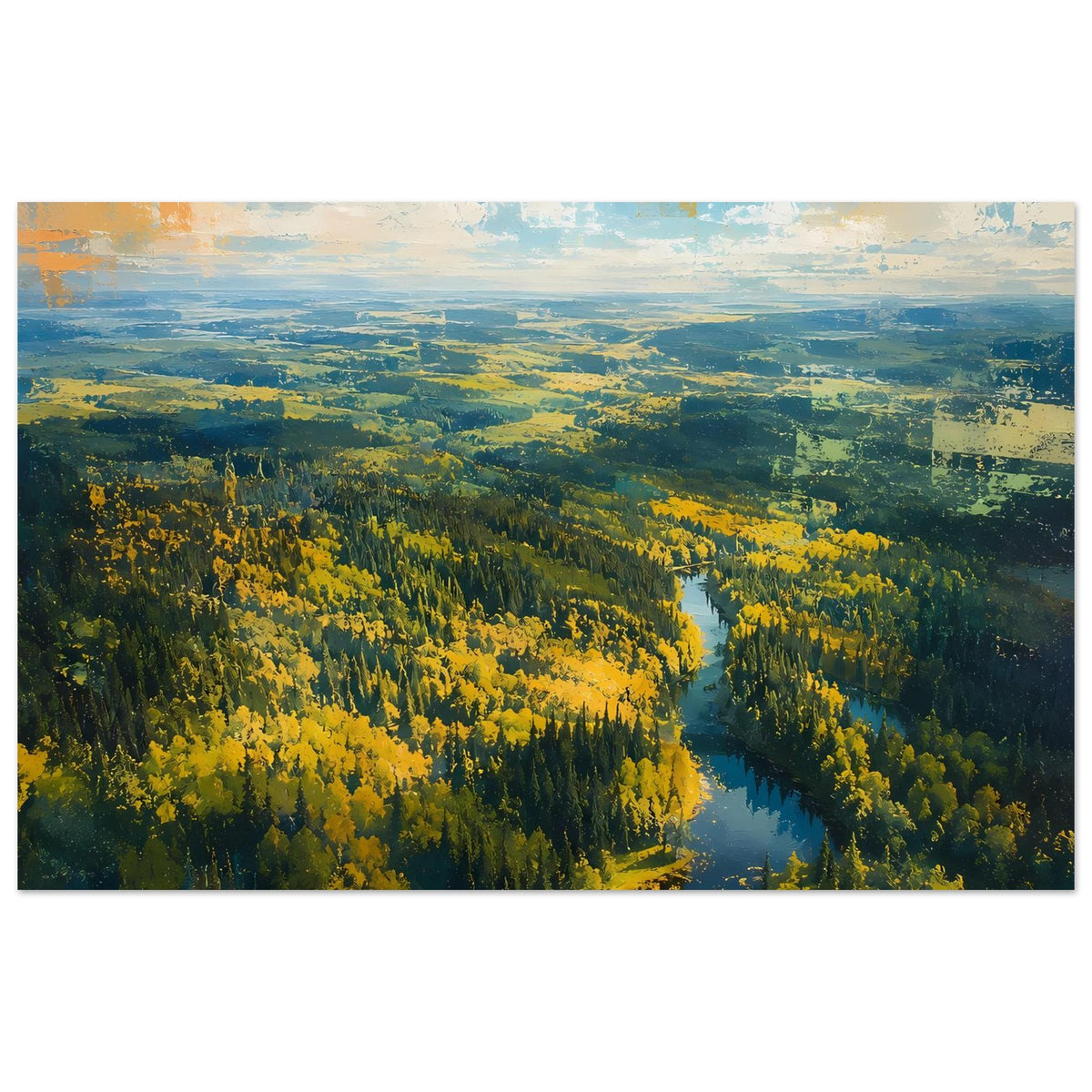 Breites Querformat-Poster mit Herbstwald und Fluss durch die Landschaft