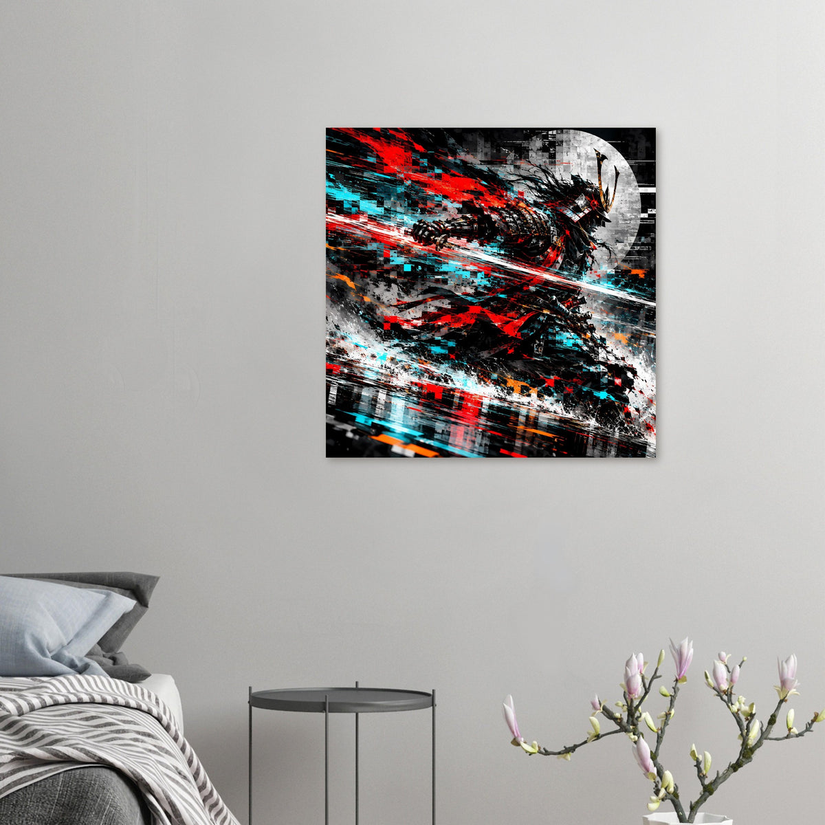 Wandposter kleinformatig mit Samurai-Actiongrafik in Rot, Cyan und Schwarz, diagonale Lichtstreifen.