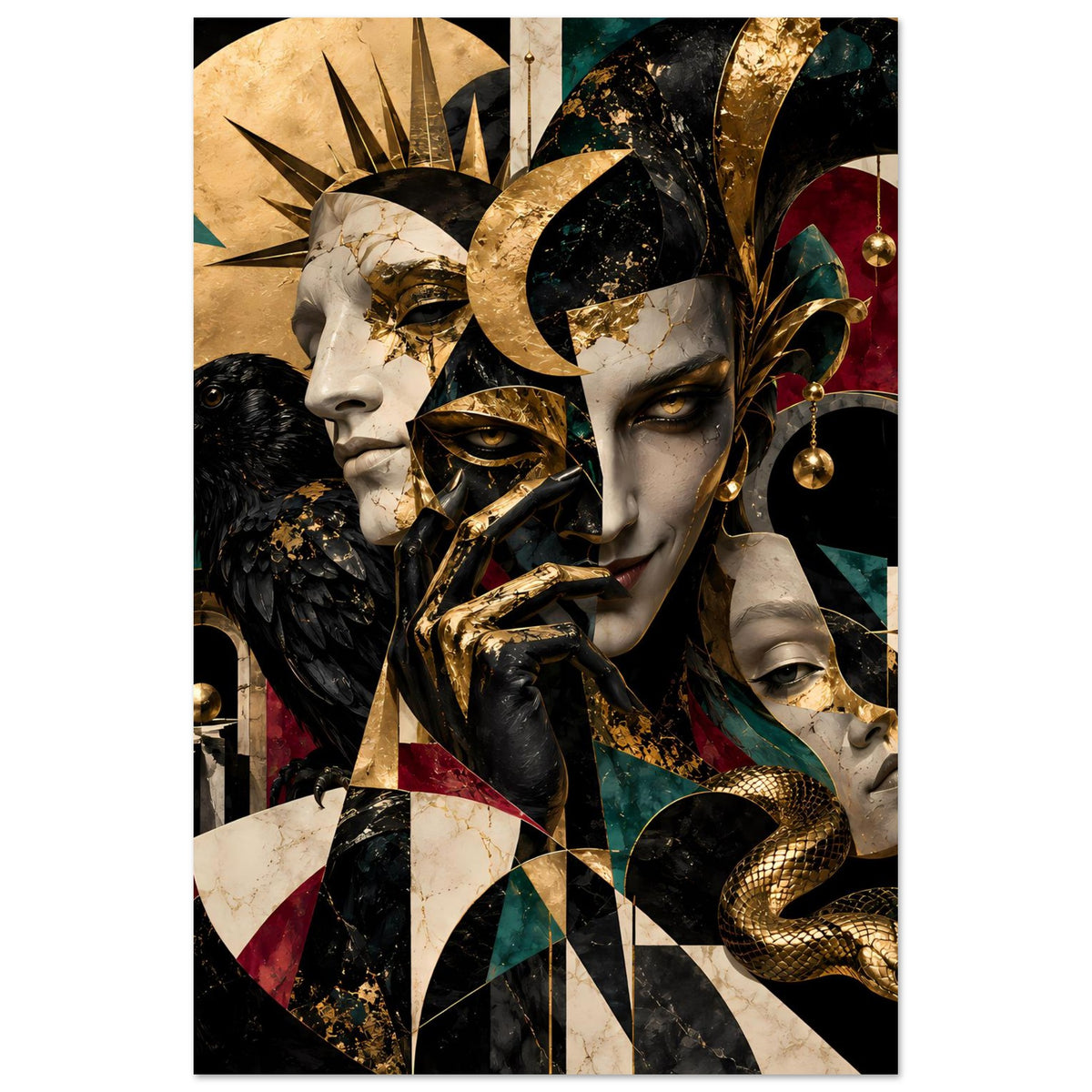 Kunstdruck-Poster im Hochformat mit Gesichtern und goldenen Details, Rabe und Schlange