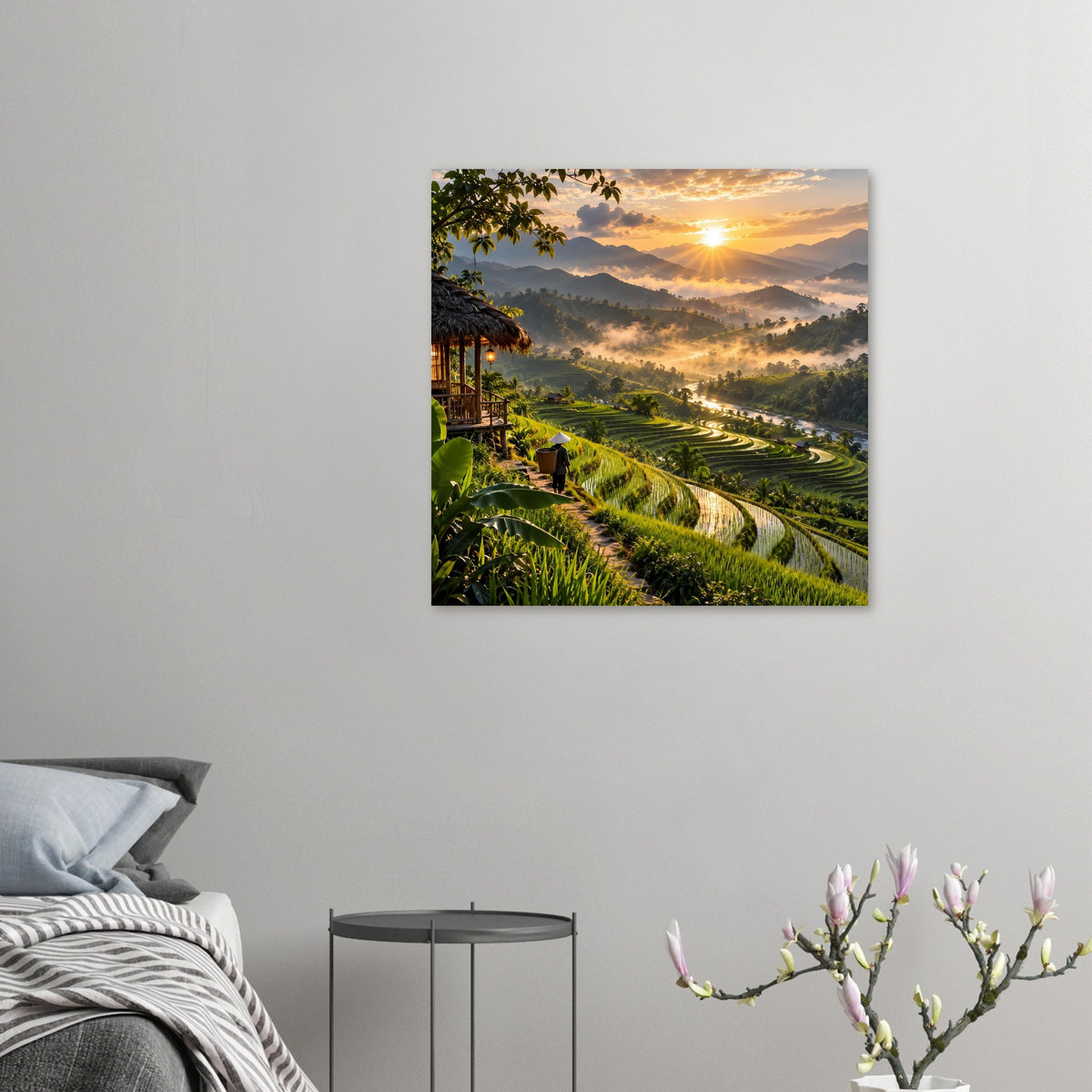 Kleines Landschaftsposter mit Sonnenaufgang über Reis-Terrassen und Nebellandschaft