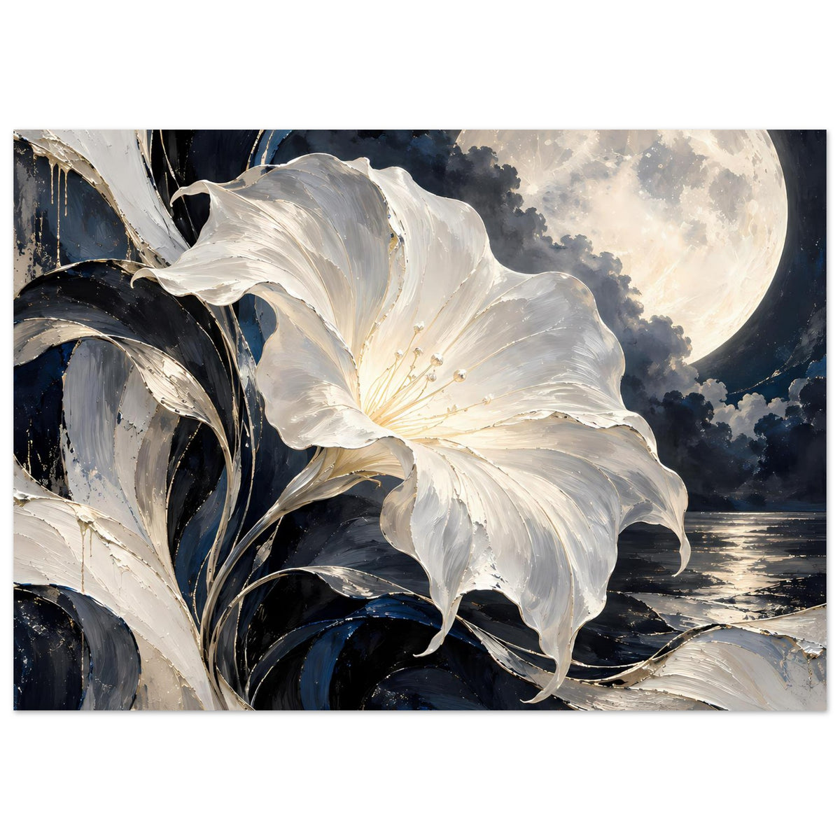 Blumenposter mit weißer Blume, schimmernden Blättern und Mondschein über Wasser