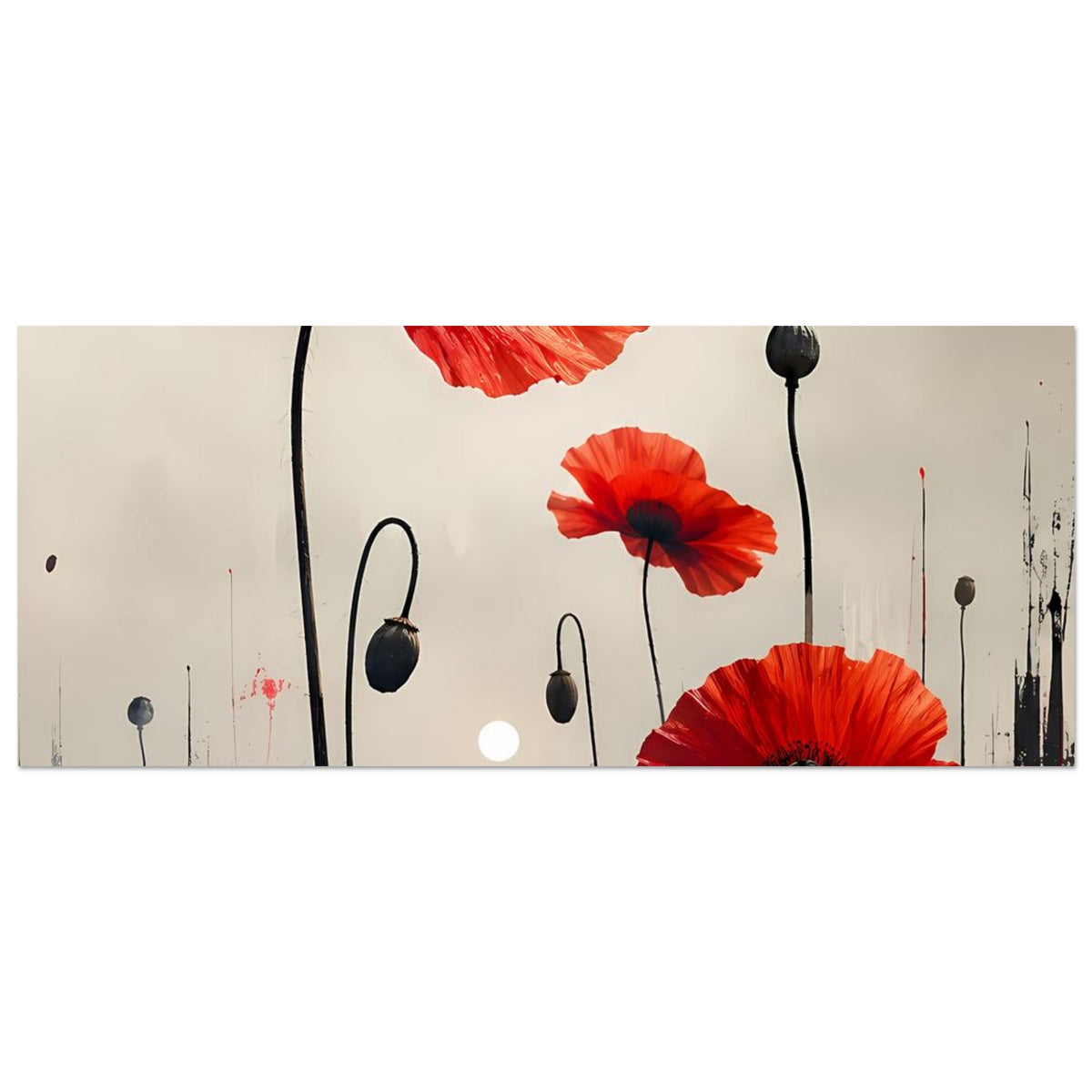 Abstraktes Blumenposter im Querformat mit roten Mohnblüten und schwarzen Stielen