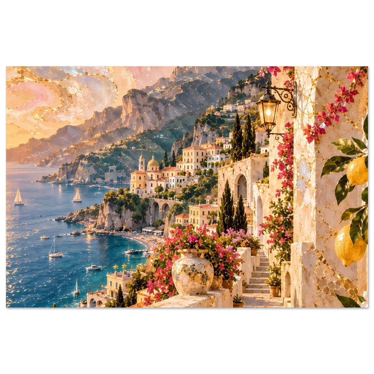 Küstenposter im Querformat: Meerbucht mit Segelbooten, Häusern, Blumen und Laterne