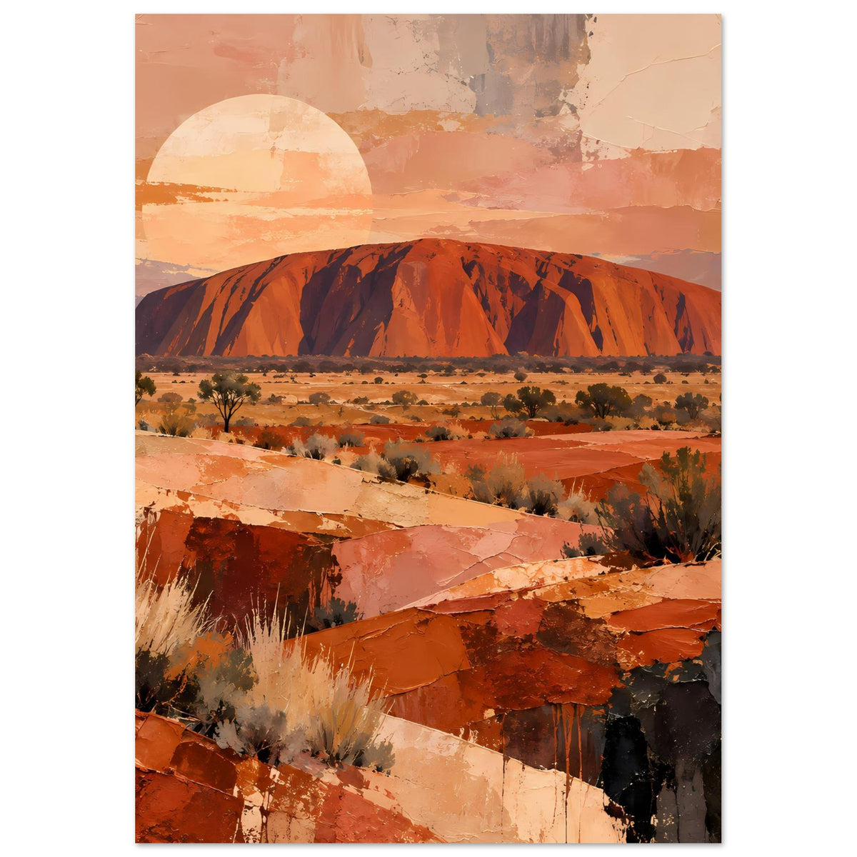 Vertikales Wüstenlandschafts-Poster mit Ayers Rock im Sonnenlicht, rote Dünen und Büsche