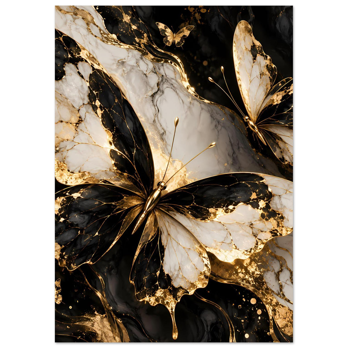 Hochkant-Poster mit Schmetterlingen, Schwarz-Gold und weißen Adern