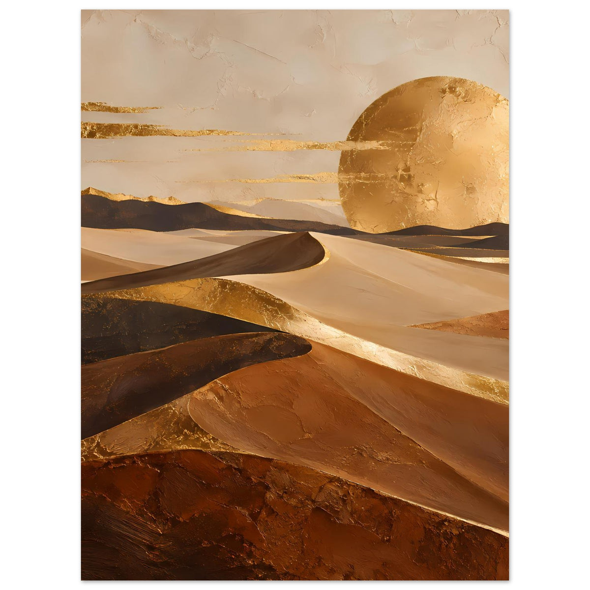 Hochformat-Poster mit goldener Wüstensonne, hellen Dünen und braunen Felsrinnen