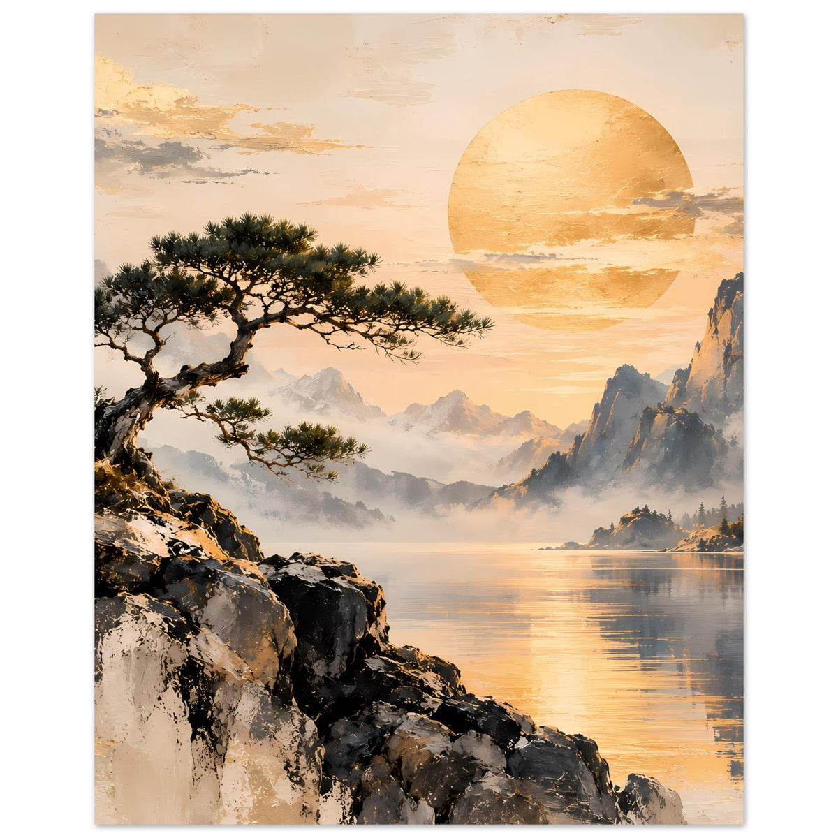 Landschaftsposter mit goldenem Sonnenhalbkreis, Bergen, Nebel, See und Baum auf Felsen