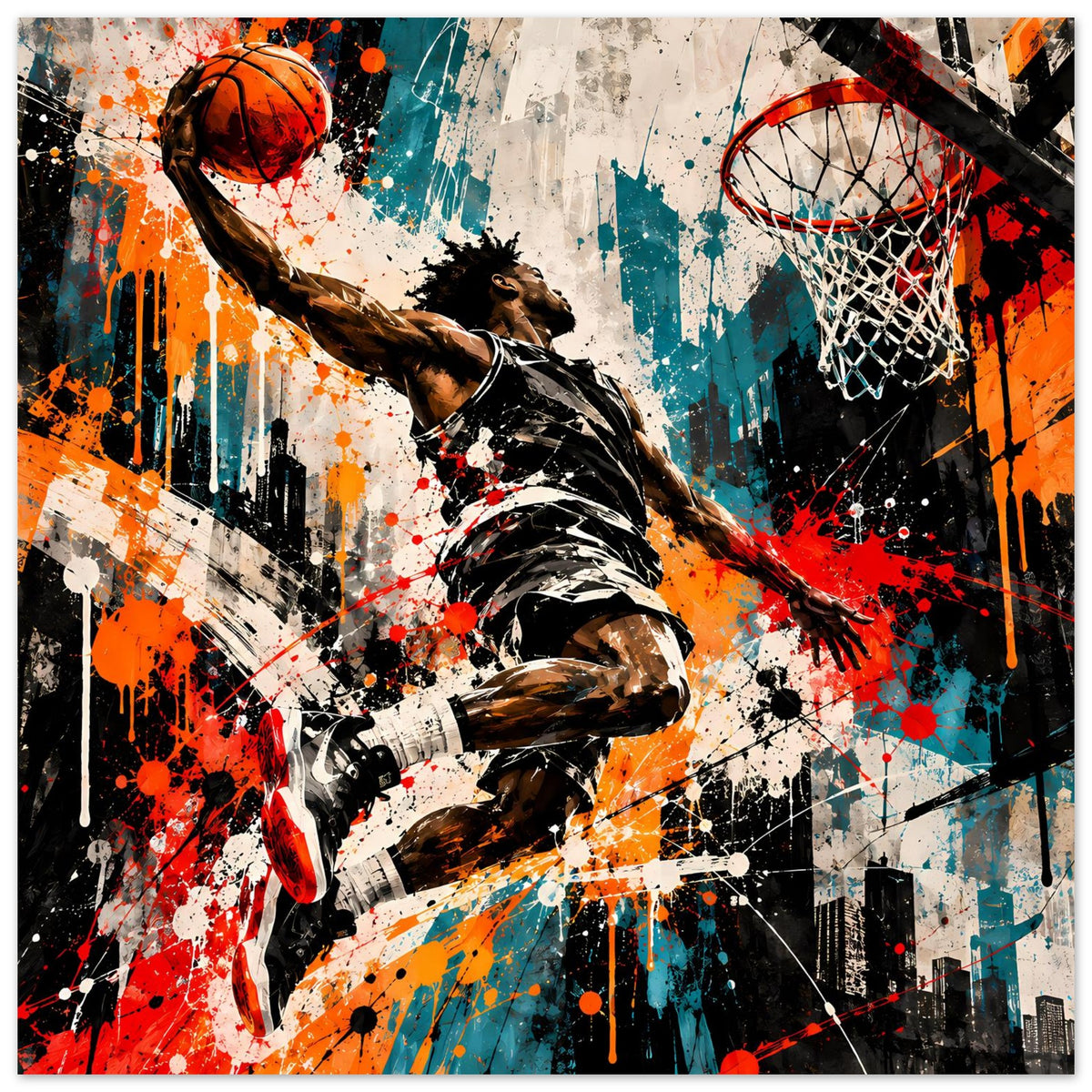 Basketball-Poster mit Sprühfarben: Spieler, Ball und Netz im urbanen Stil