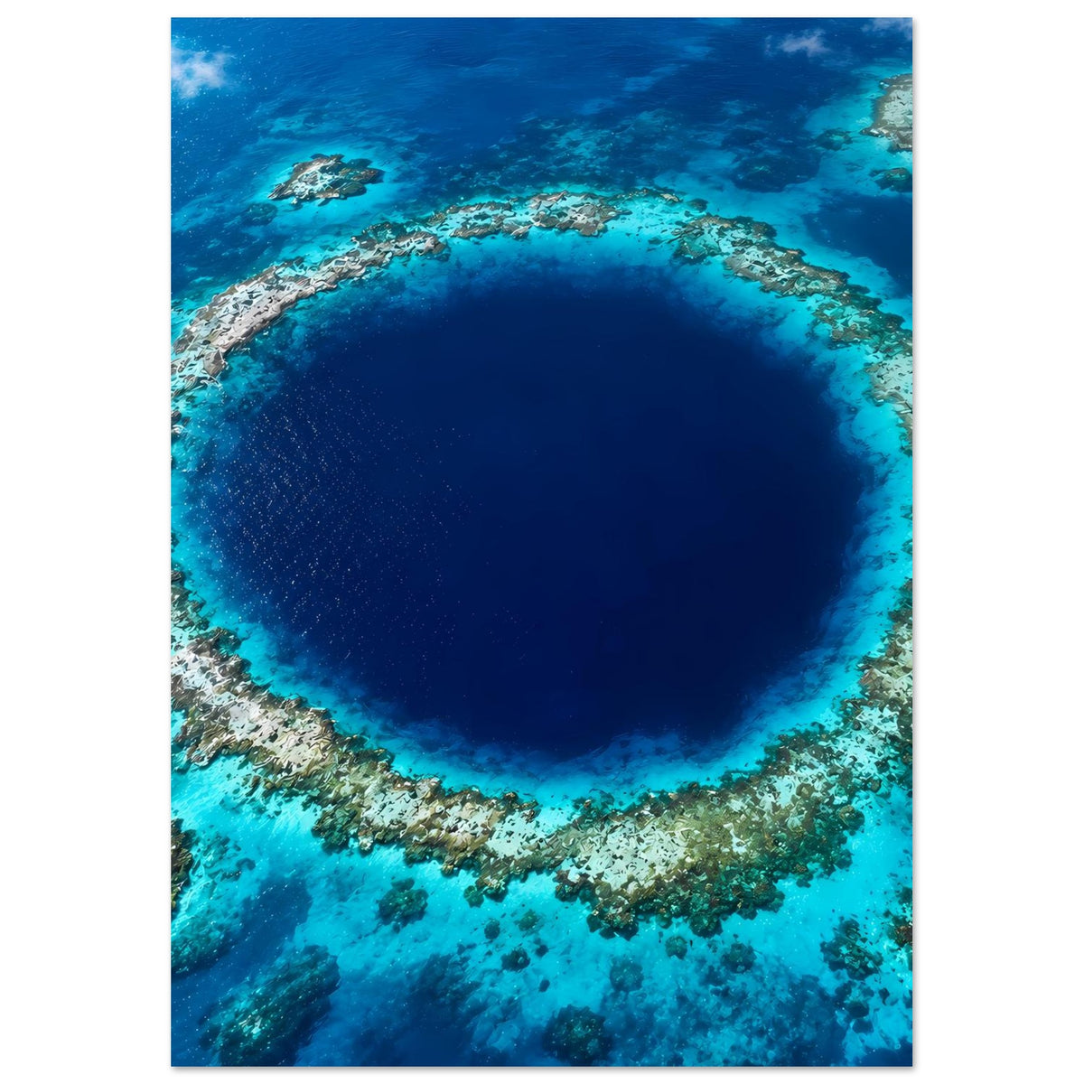 Wandposter mit blauem Unterwasserabgrund und Korallenring in Nahansicht