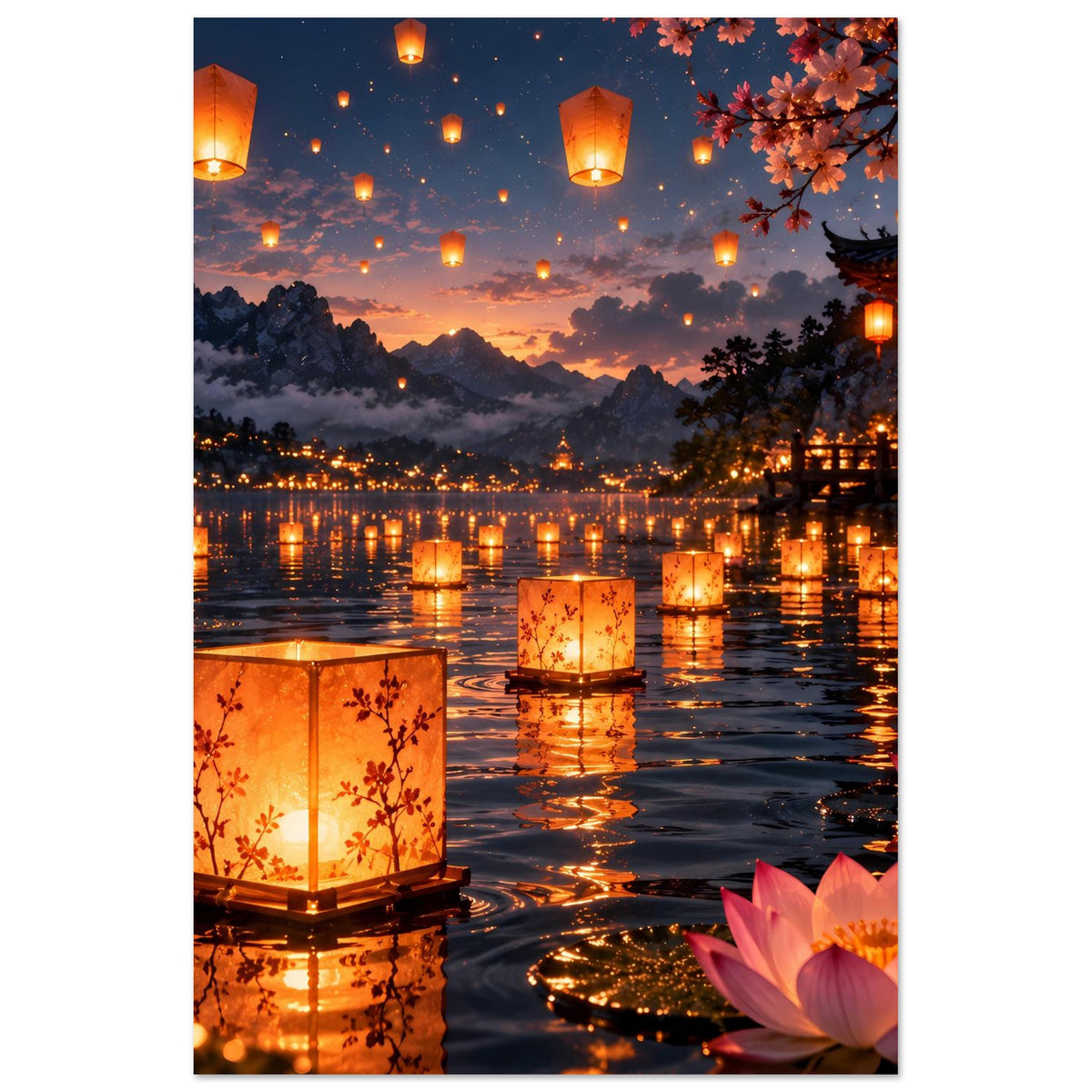 Laternenfest-Poster (Hochformat) mit Laternen auf dem Fluss und Lotusblüte unten rechts
