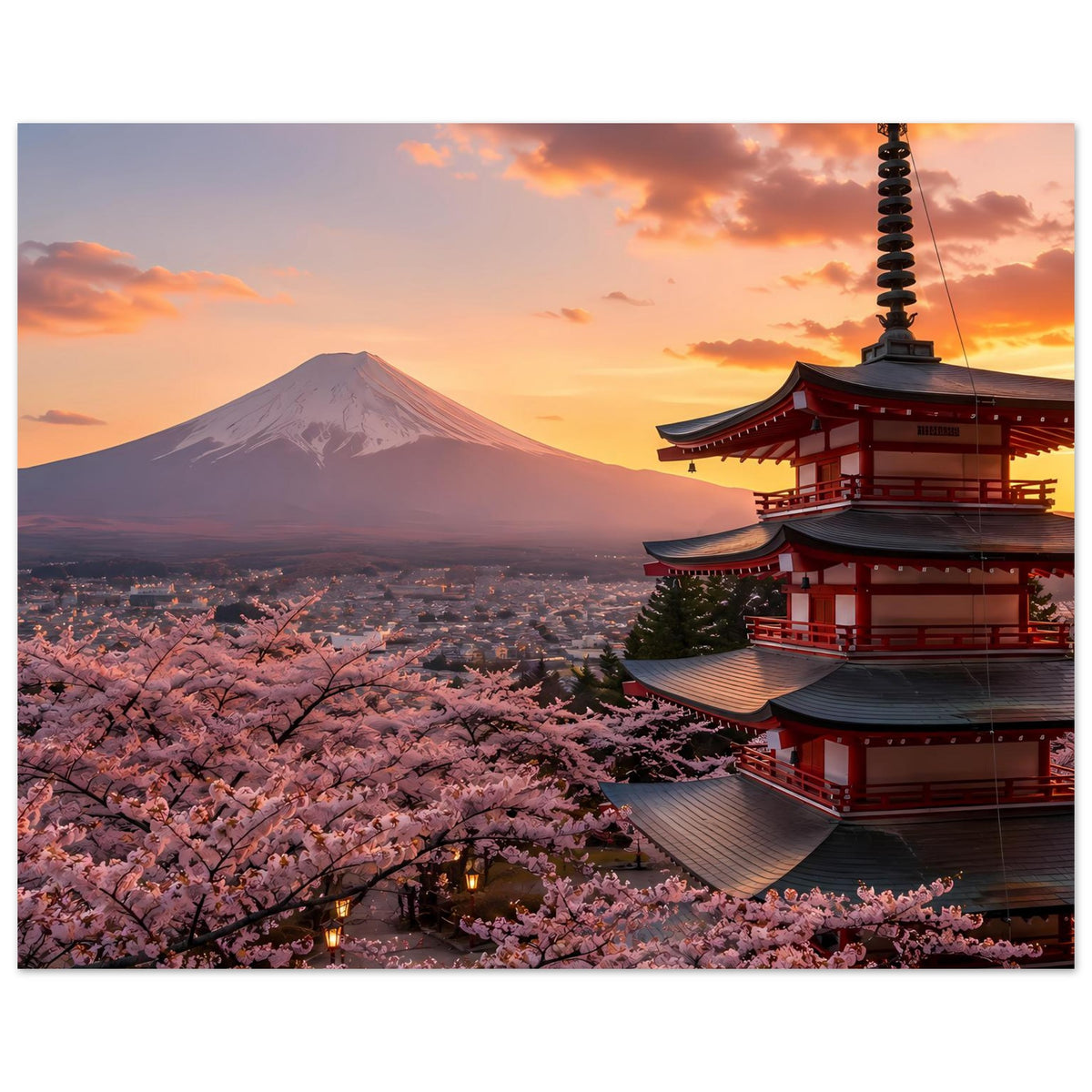 Poster im Hochformat: Kirschblüten, Mount Fuji und mehrstöckiger roter Tempel