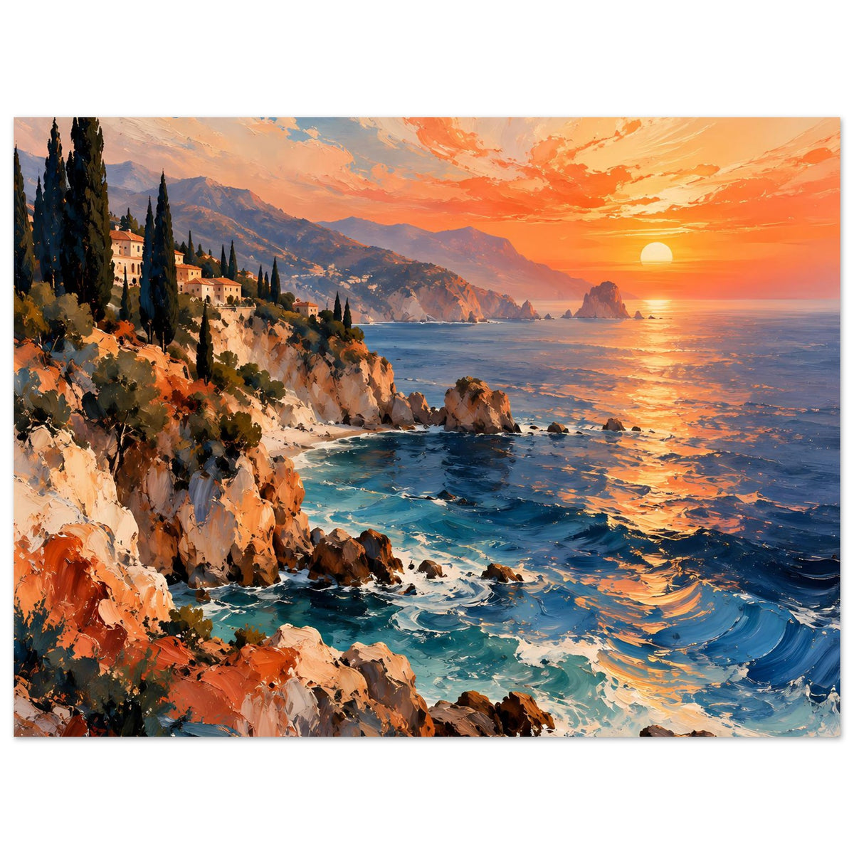 Landschafts-Poster mit Küste, hellem Sonnenlicht, warmen Farben am Himmel und Wellen bei den Felsen