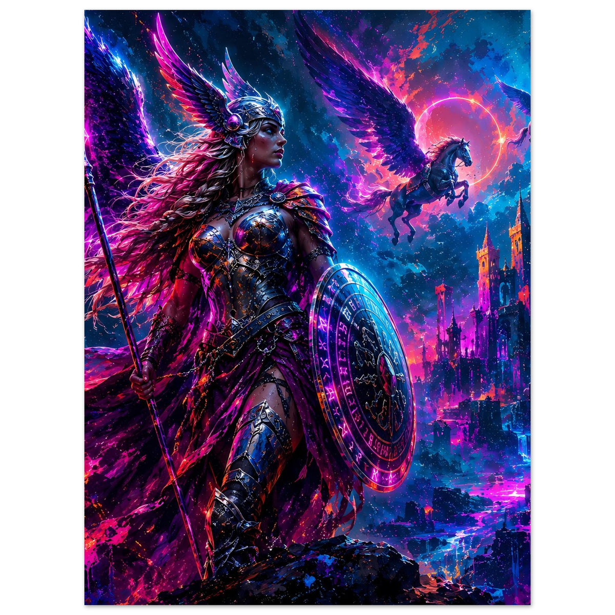 Fantasy-Poster: Valkyrie-Kriegerin in Rüstung mit Speer und Rundschild, leuchtende Stadt