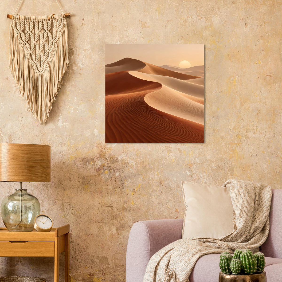 Warmes Wandposter mit Sanddünen-Motiv in Erdtönen, quadratisch gerahmt