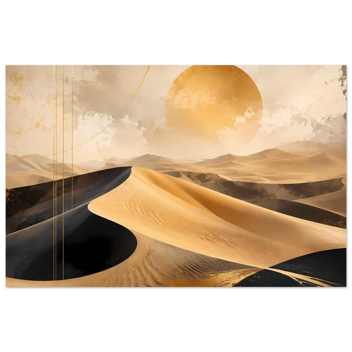 Wüstenposter mit goldenen Dünen und schwarzem Sand, Sonnenscheibe oben, Querformat