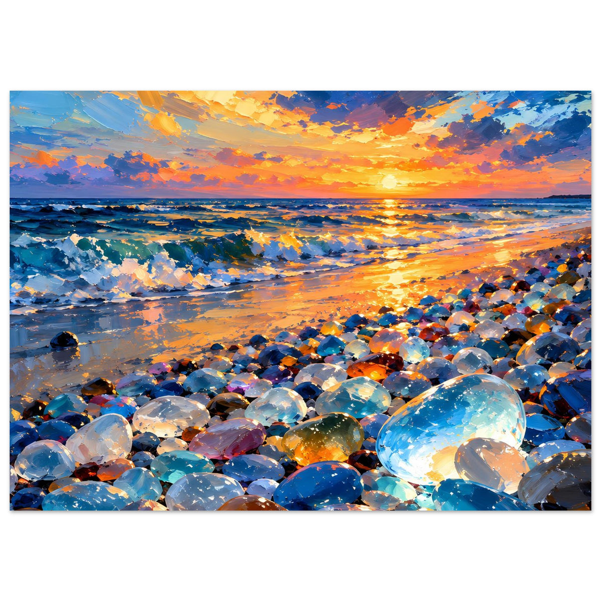 Querformat-Poster mit strahlendem Sonnenuntergang, reflektierendem Wasser und Glasschollen