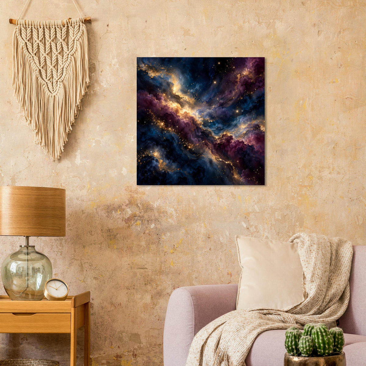 Kunstposter mit Sternnebel und Galaxiewolken in Dunkelblau und Violett, quadratisch