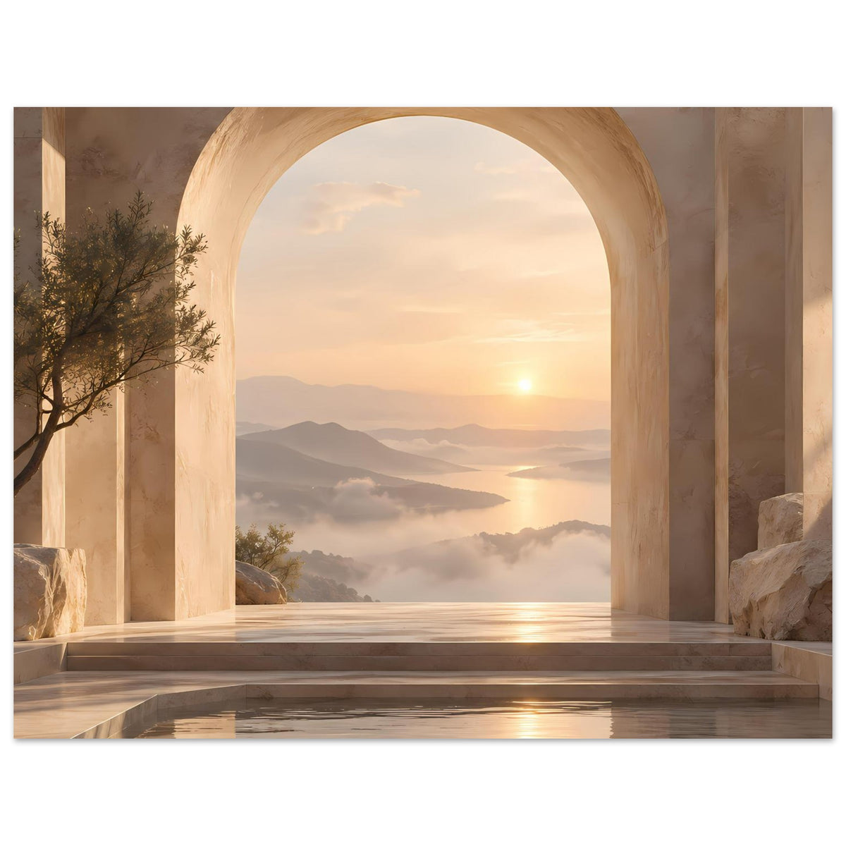 Wandposter: Rundbogenfenster mit Sonnenaufgang, Bergpanorama, Nebel und glattes Wasser mit Glanz