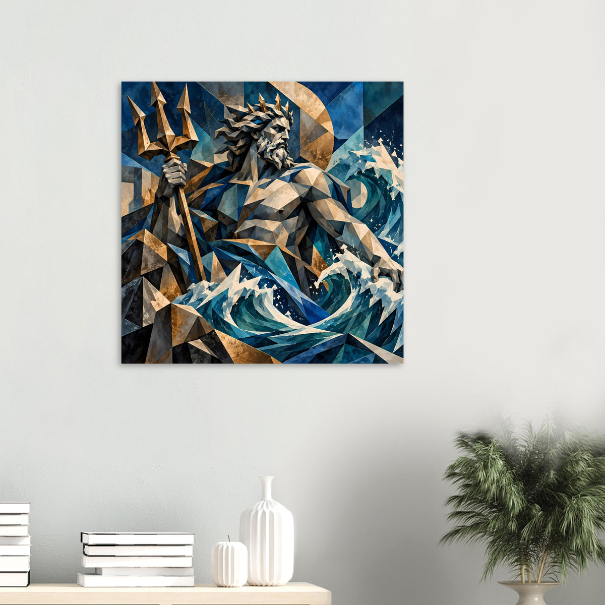 Geometrisches Poseidon-Poster, quadratisch: Dreizack, Gesicht und Wellen in Blau- und Goldtönen.