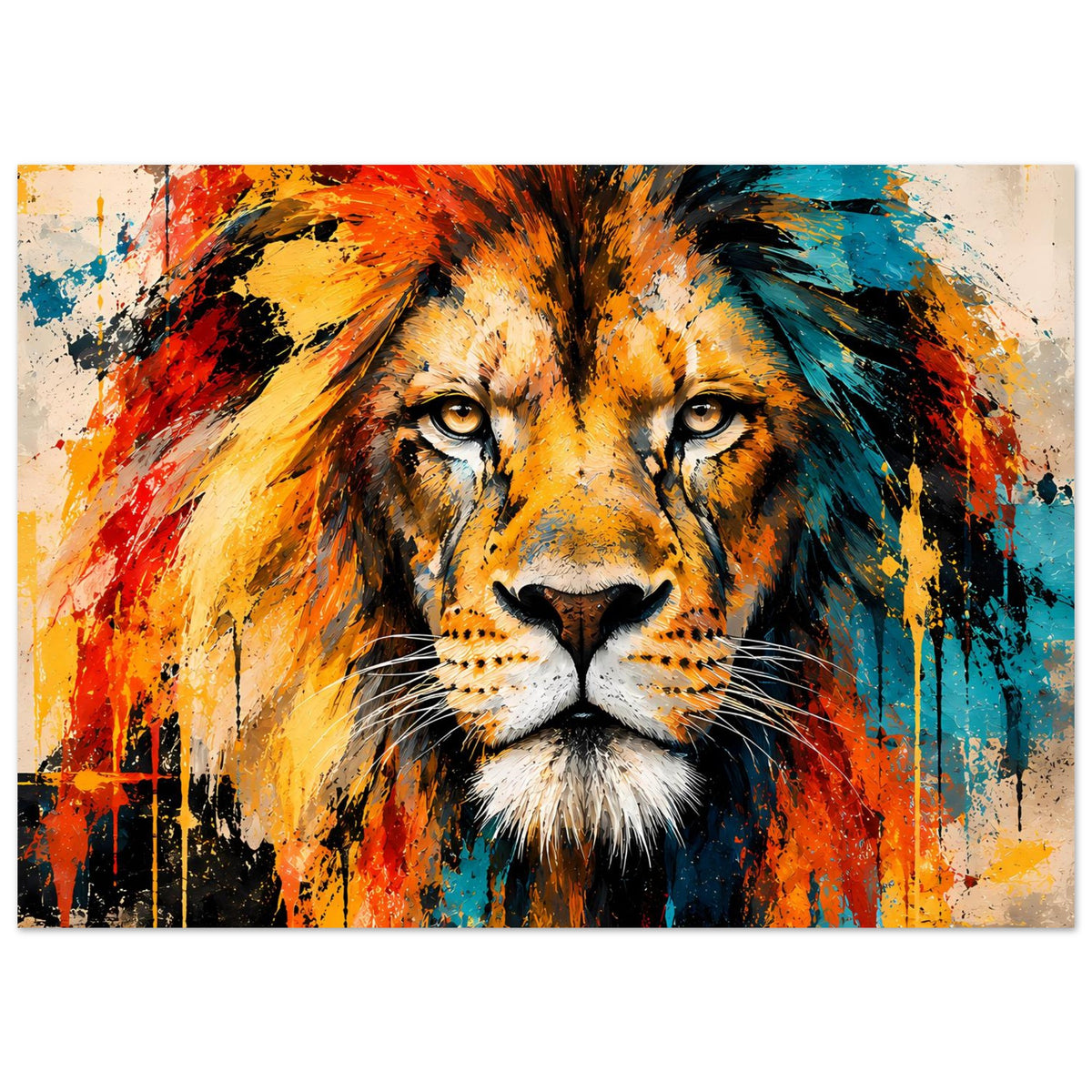 Löwenposter mit farbigem Hintergrundspray, frontaler Löwe in Gelb, Orange, Rot und Blau