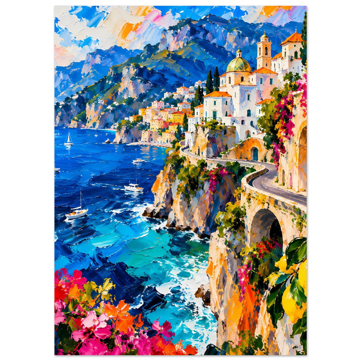 Kunstdruck-Landschaftsposter: mediterrane Häuser an Klippen, türkisblaues Meer, Boote & Blüten