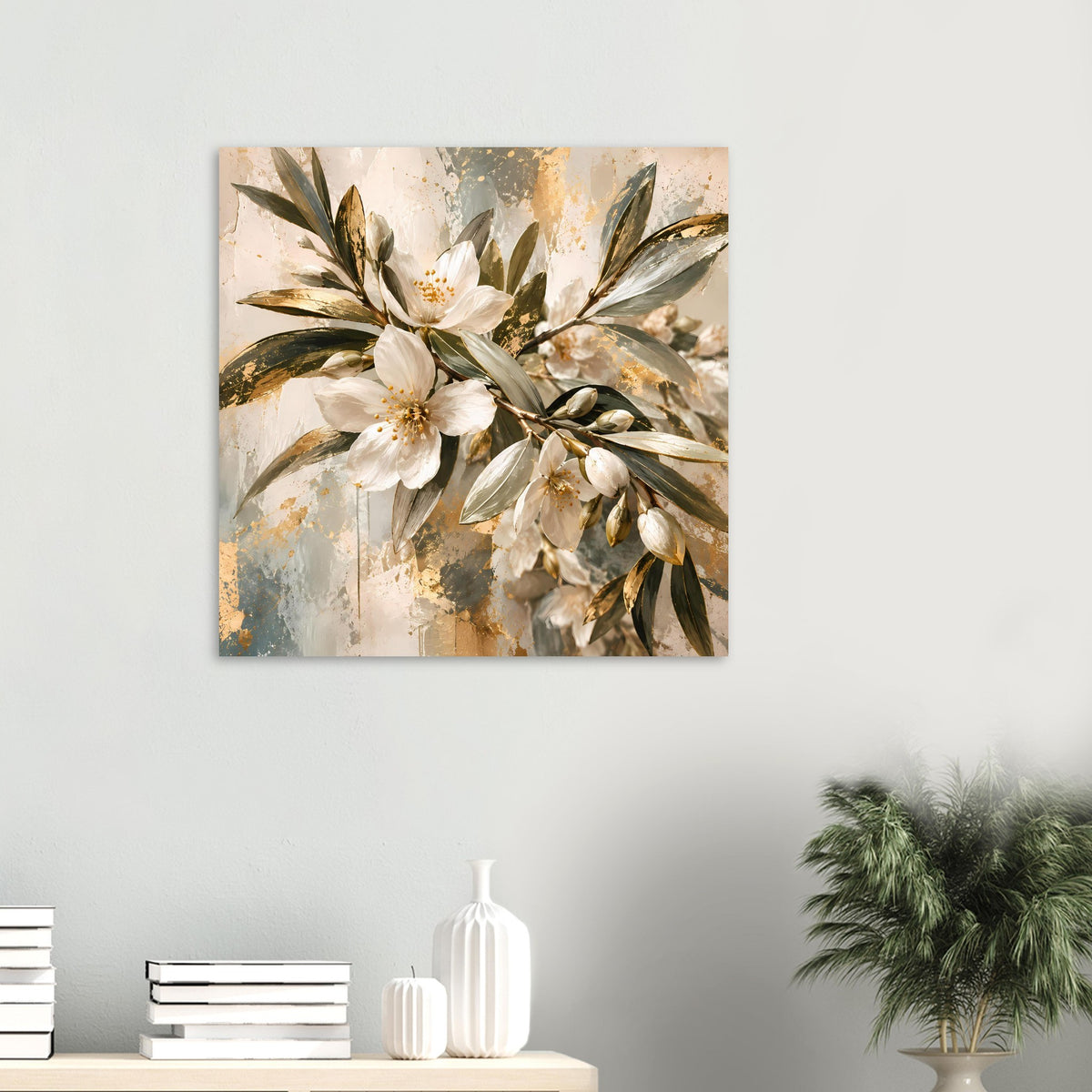 Kleines Blumenposter mit weißen Blüten, goldfarbenen Akzenten und grünen Zweigdetails