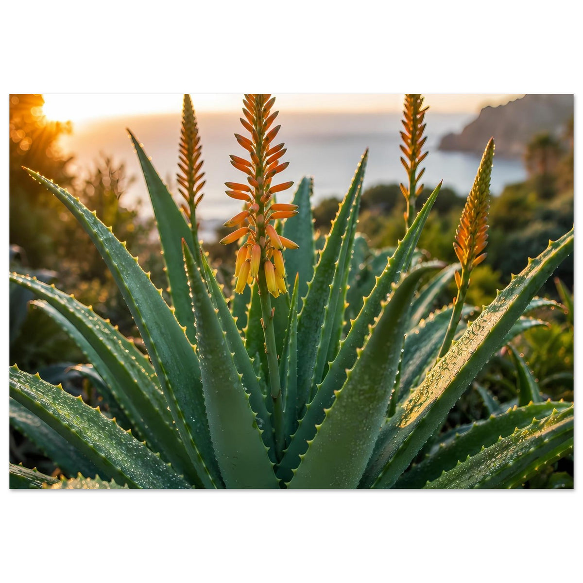 Poster mit Aloe-Rosette aus grünen Blättern und orangefarbenen Blütenständen