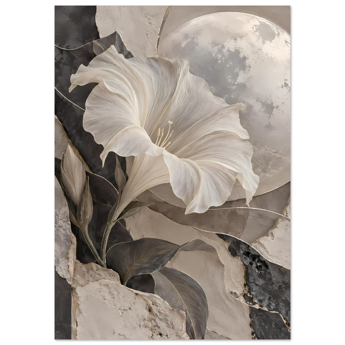Kunstposter mit weißer Hibiskusblüte, Halbmondmotiv, dunklem Laub und steiniger Textur