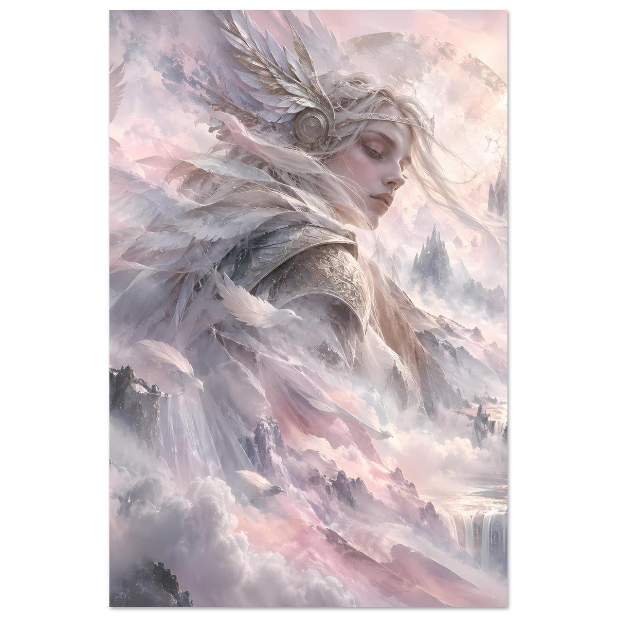 Nordisches Fantasy-Poster mit Walküre im Federhelm und ausgestreckten Flügeln, sanfte Pastelltöne