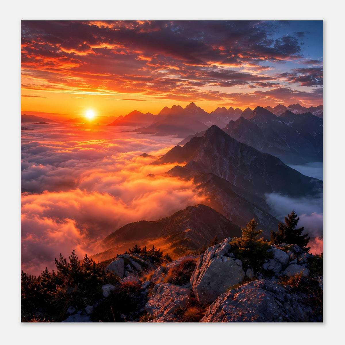 Gerahmtes Poster mit Berglandschaft bei Sonnenuntergang, untergehende Sonne links im Bild