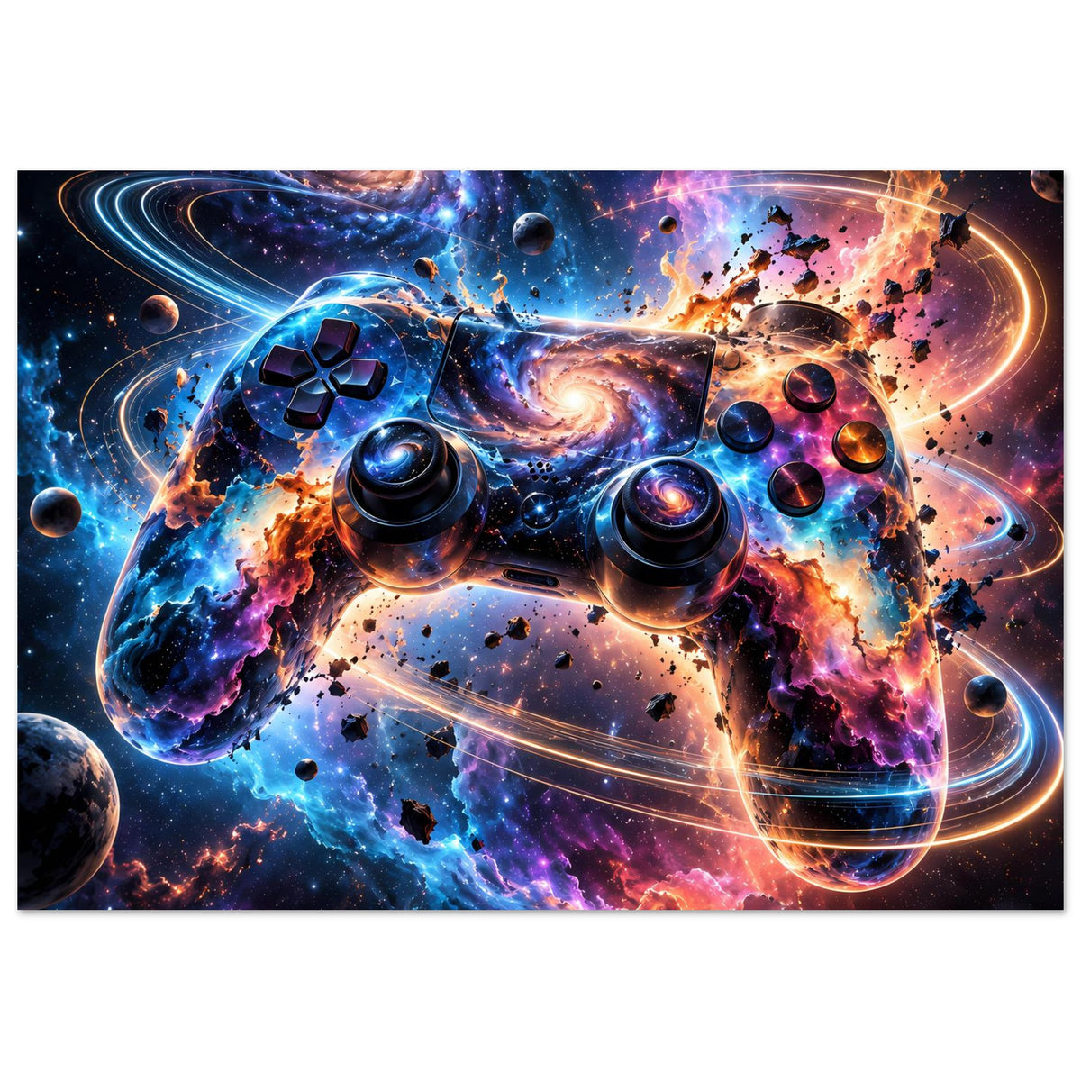 Galaxy-Poster im Querformat mit Gamecontroller-Illustration, Planeten und Nebel