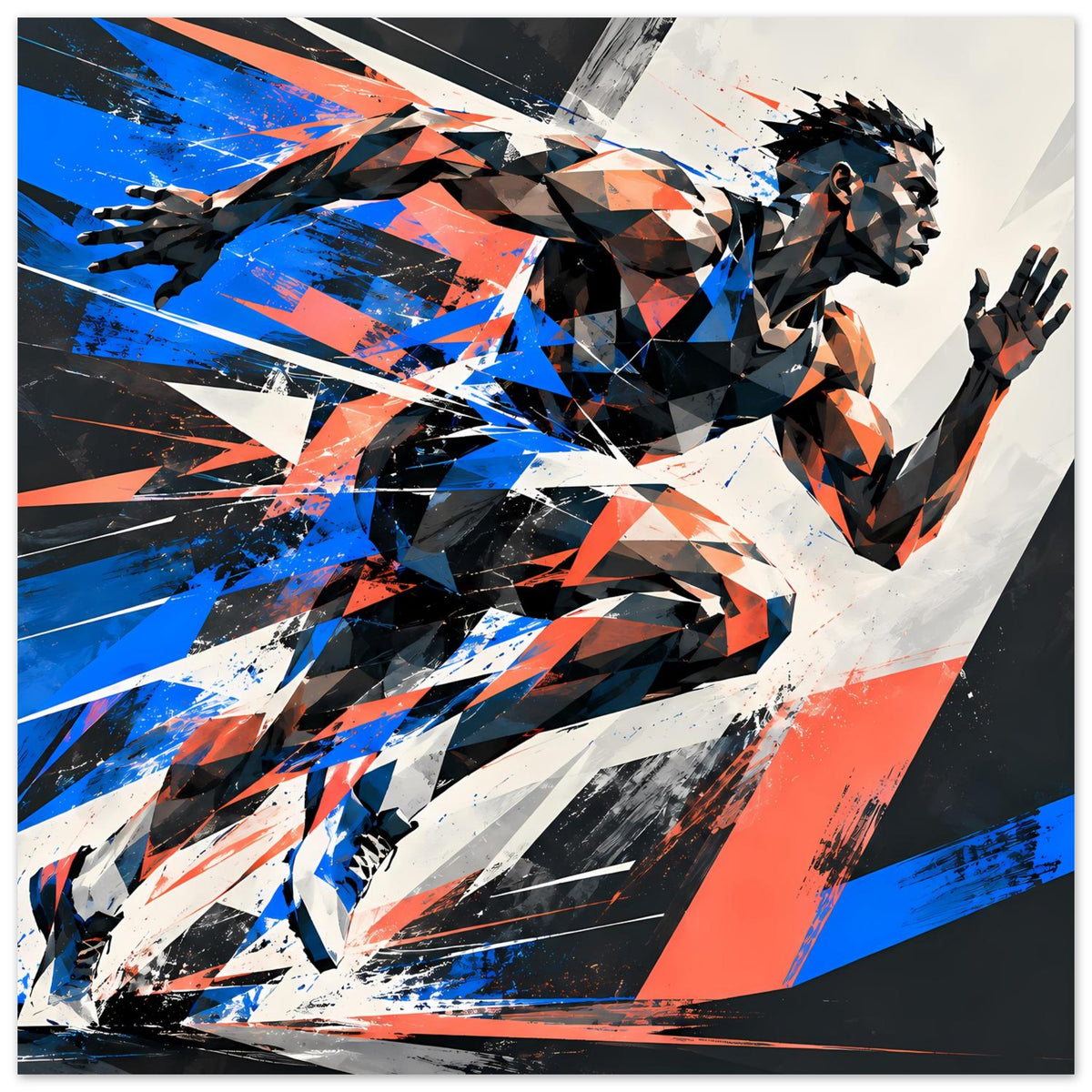 Dynamisches Poster mit Sportler-Silhouette in geometrischen Formen, Blau, Orange, Schwarz